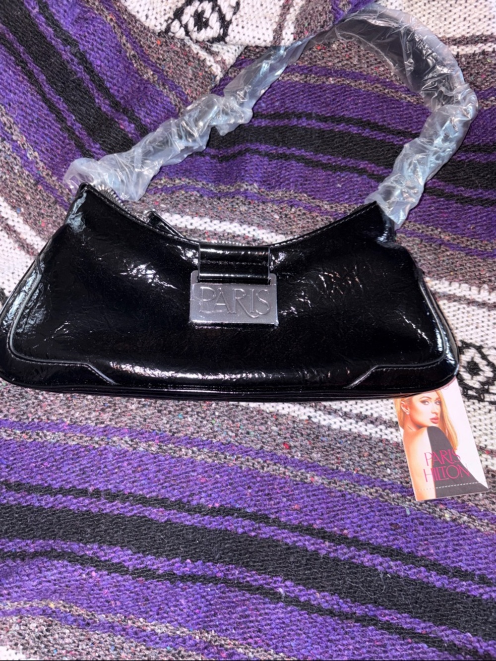 Paris Hilton Black Patent Shoulder Hobo with PARIS Plaque
